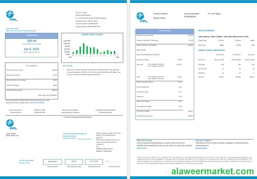 USA FPL  electricity utility bil Word and PDF formats, 2 pages, version 2